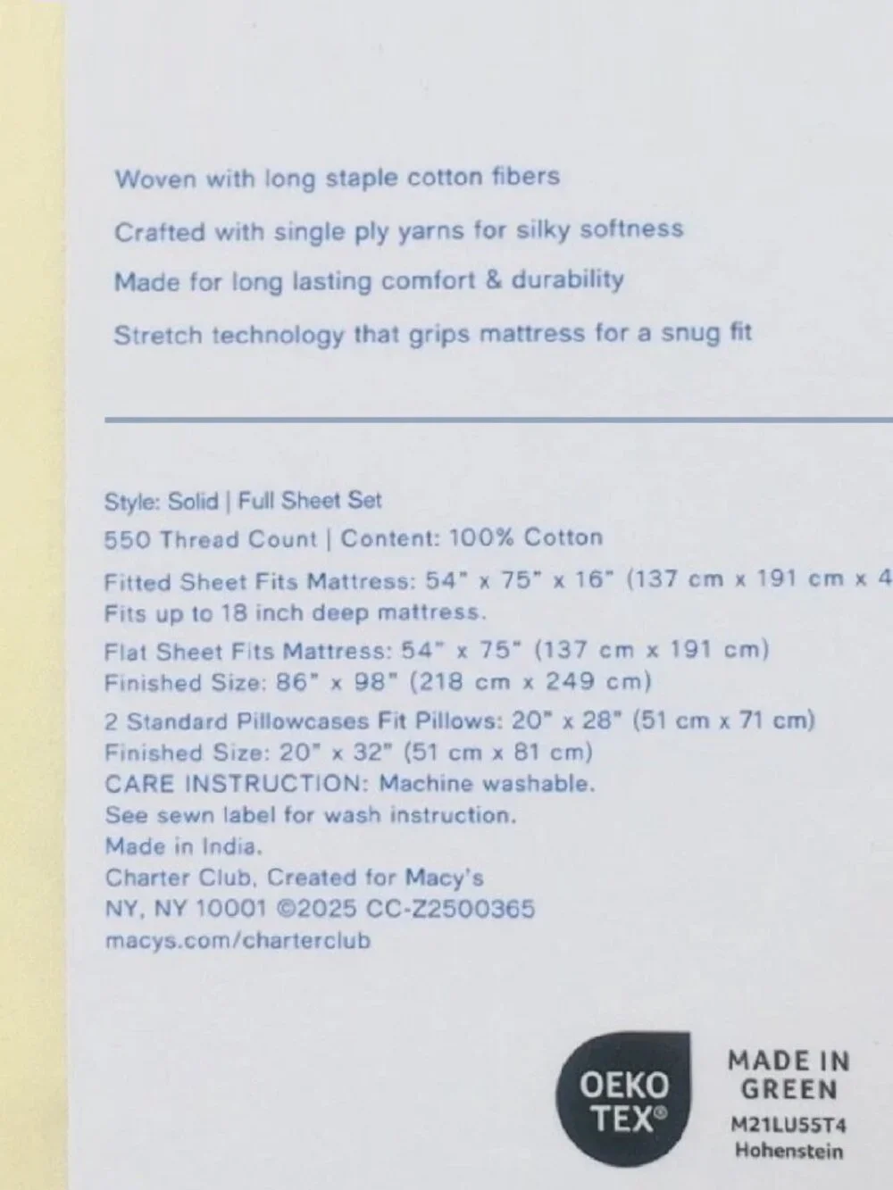 Charter Club Damask Solid 550 TC 100% Cotton FULL Sheet Set in BUTTERCUP YELLOW